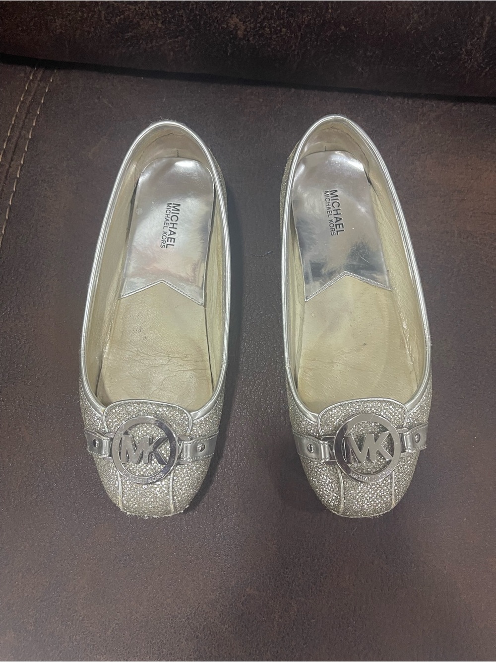 Michael Kors Silver Glitter MK Logo Ballet Flats